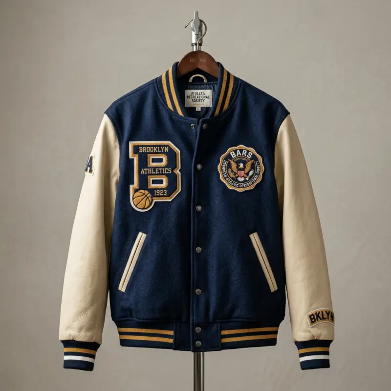 Embroidered varsity-style outerwear