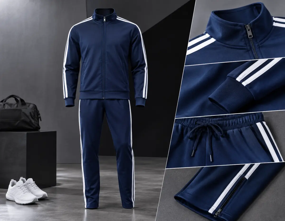 Track suits that stay a matching set, jacket, pant, zipper, and stripe.